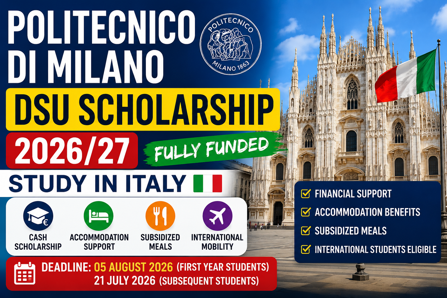 Politecnico di Milano DSU Scholarship 2026/27 in Italy | Fully Funded Financial Aid for International Students