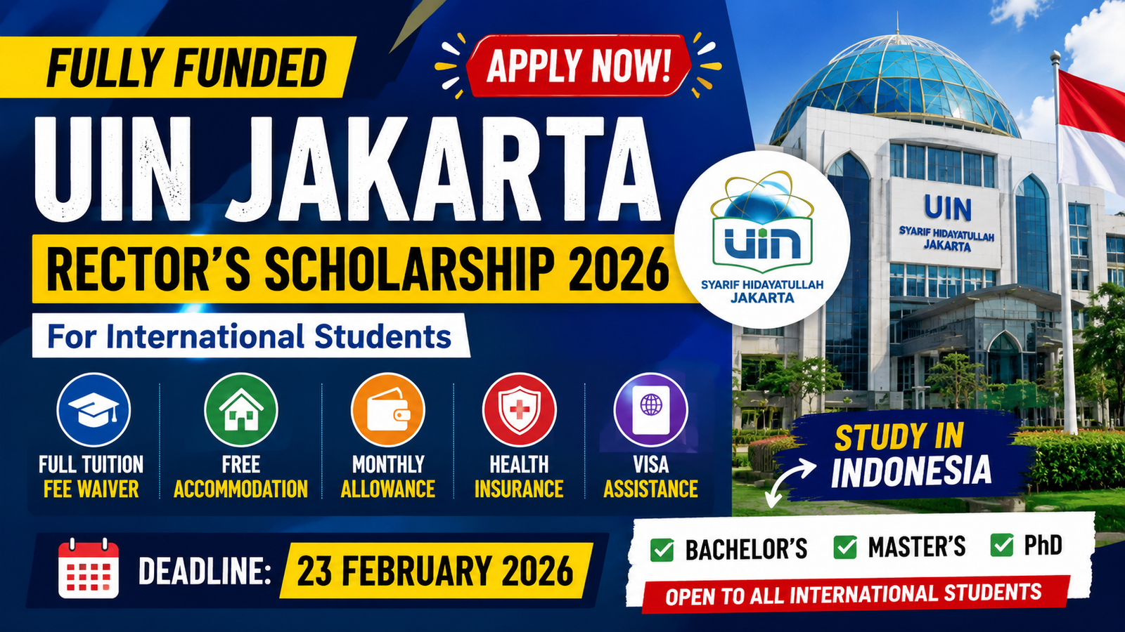 UIN Syarif Hidayatullah Jakarta Rector's Scholarship 2026 in Indonesia | Fully Funded for International Students